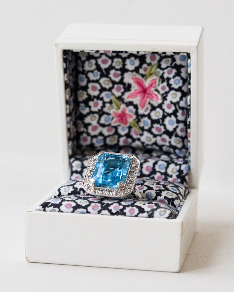 Diamond and Emerald Cut Blue Topaz Ring