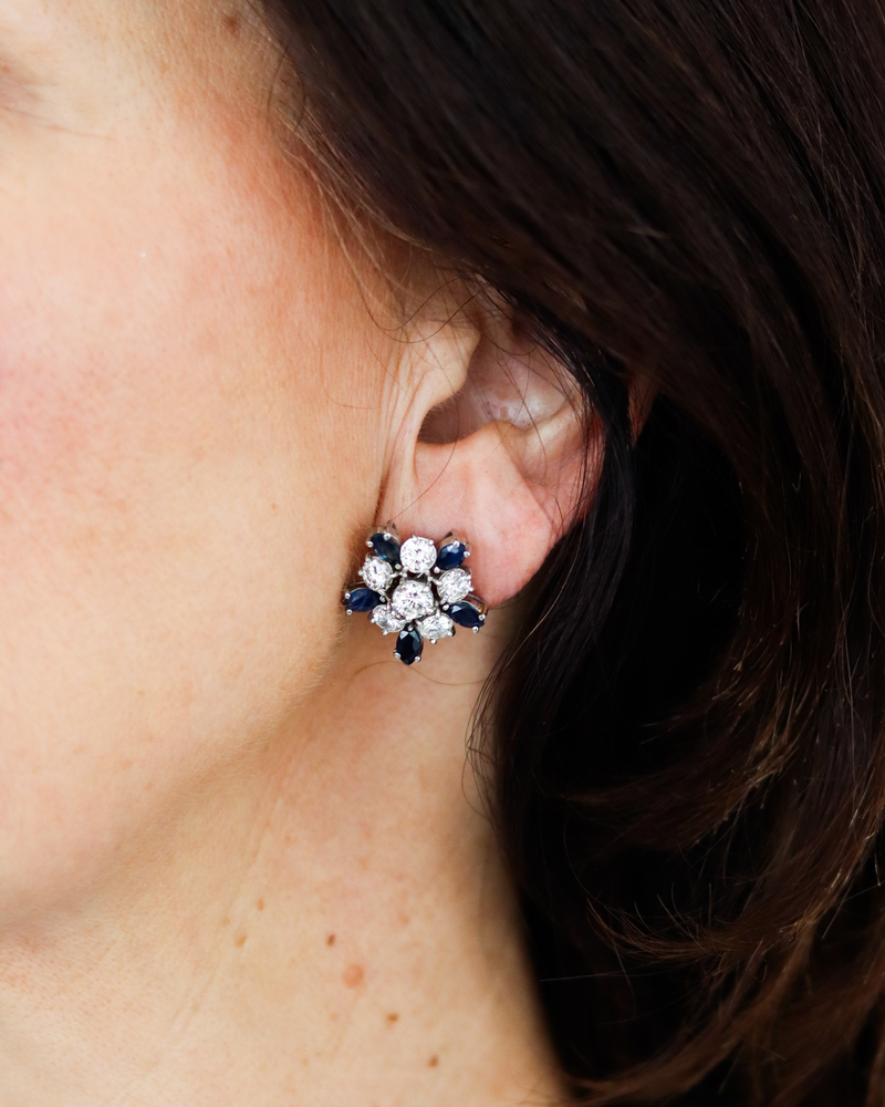 Large Sapphire and Diamond Cluster Earrings