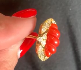 Coral and Diamond ring in 18ct yellow gold