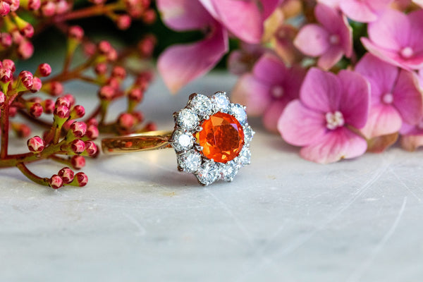 Fire Opal and Diamond set in 18ct yellow gold